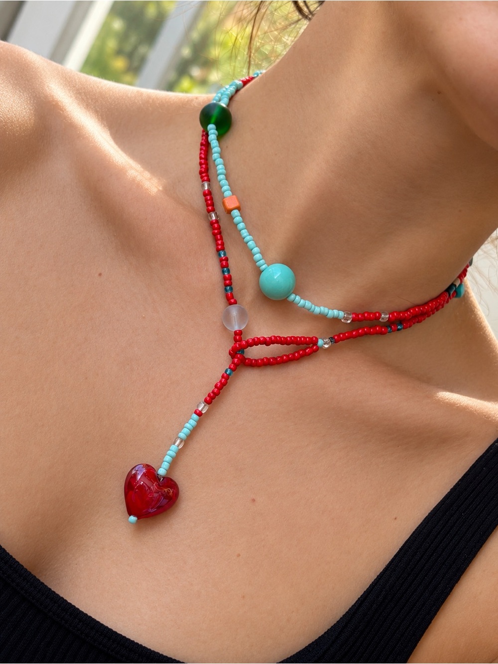 Handmade Red & Turquoise Beaded Heart Necklace